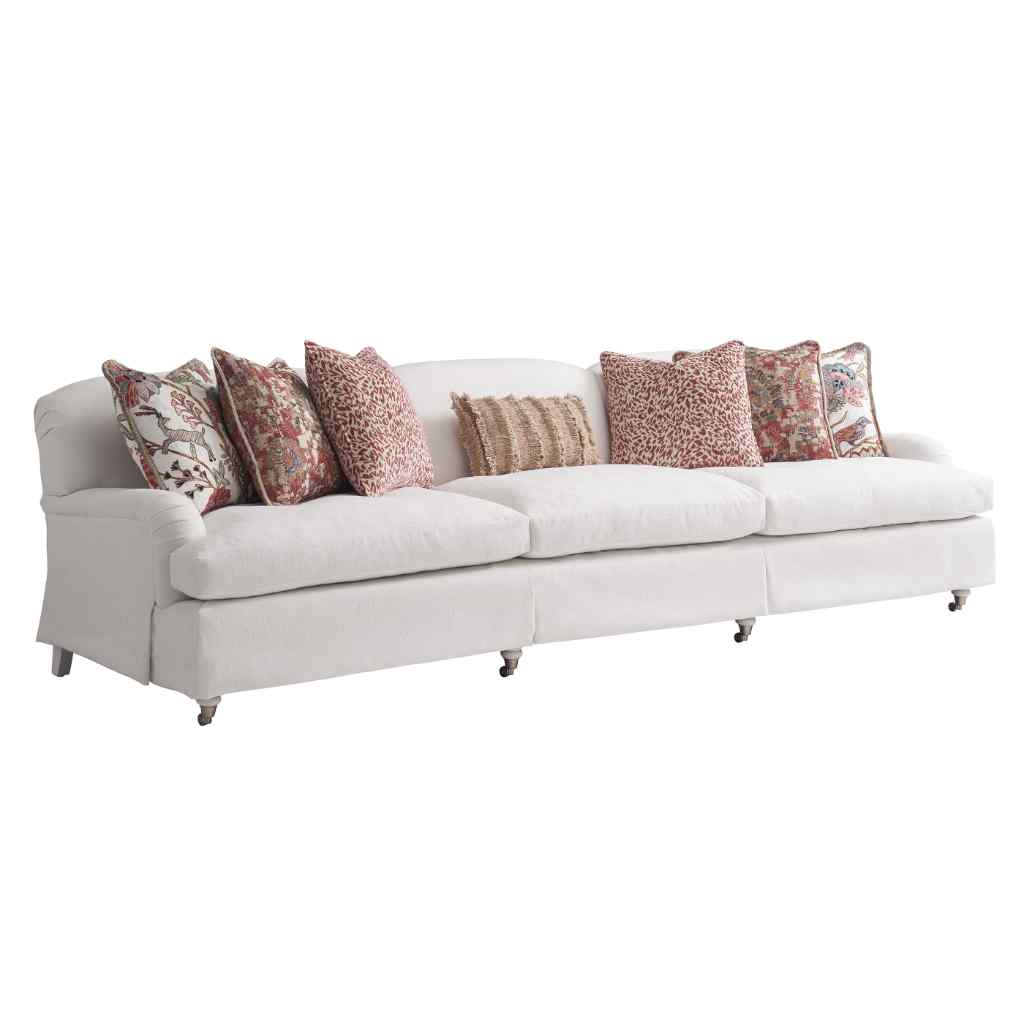 Athos Sofa W- Pewter Casters - Barclay Butera Upholstery White with Red Pillows