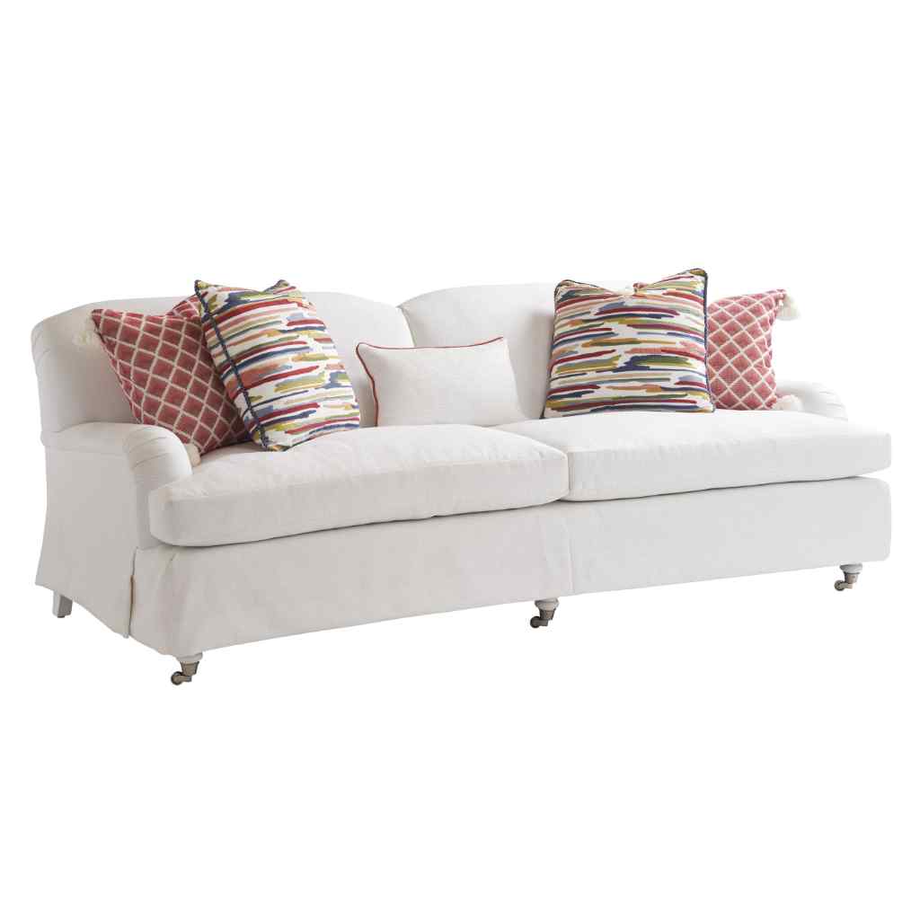 Athos Tight Back Sofa W-Pewter - Barclay Butera Upholstery White with Red Pillows