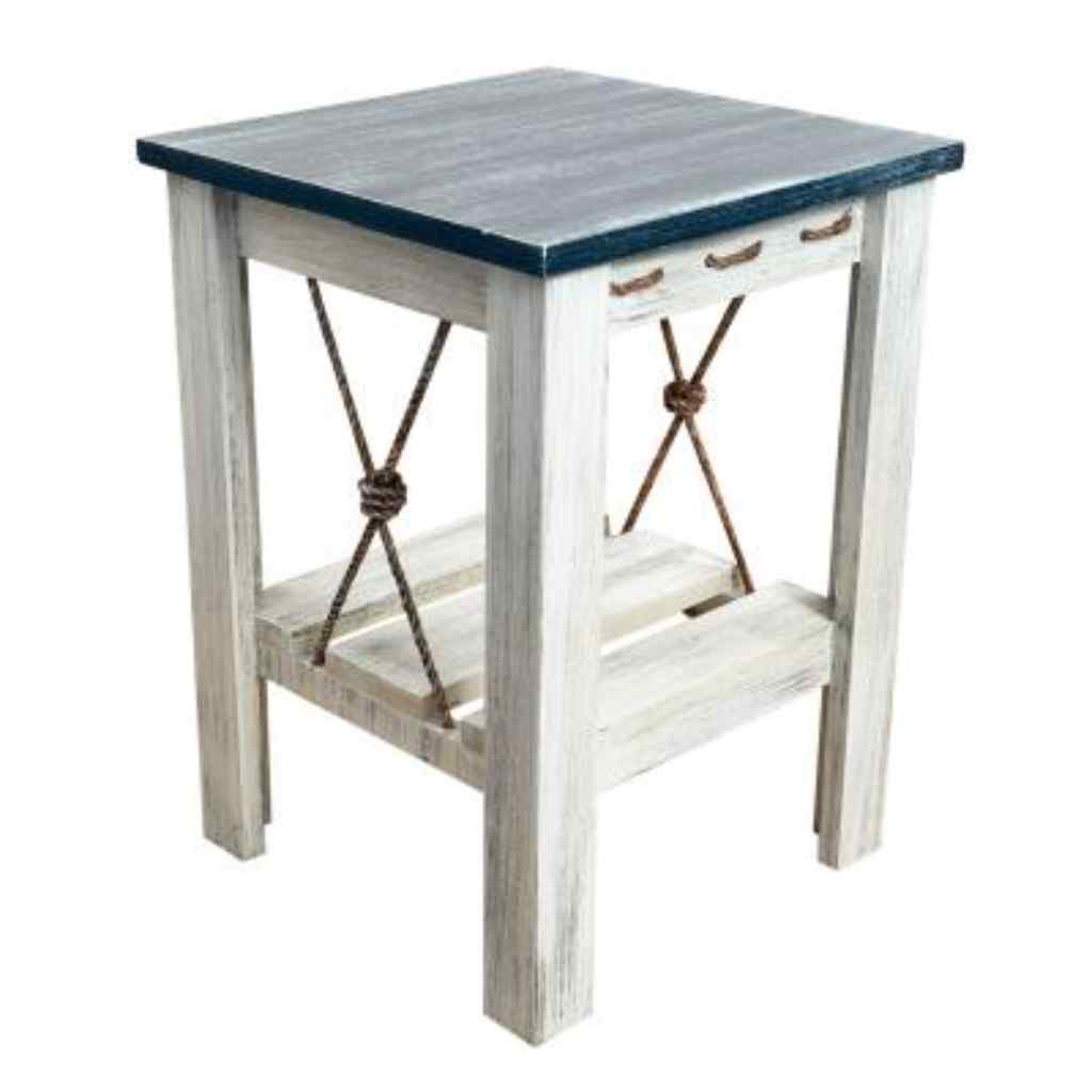 17in. Square All Wood End Table With Slat Shelf And Knotted Rope Accent - Navy Cottage/Weathered Navy
