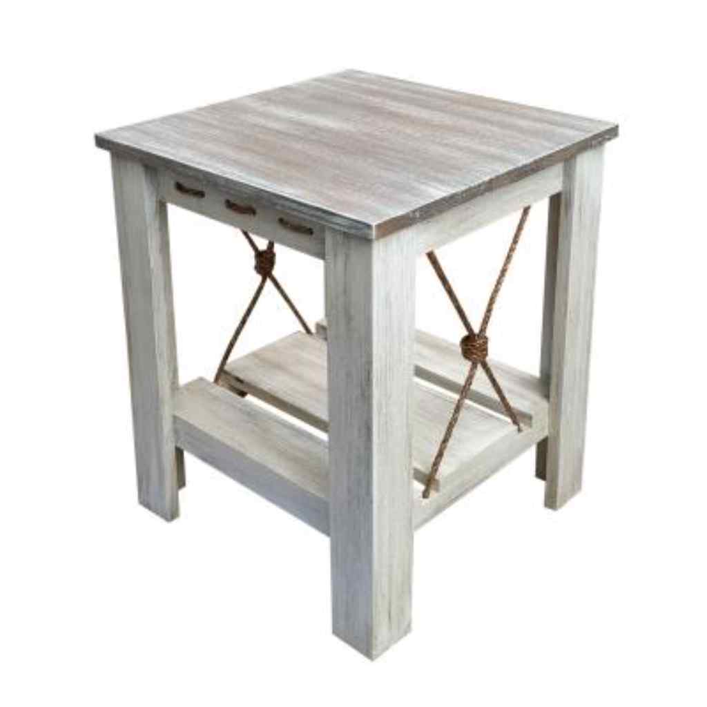 21in. Square All Wood End Table With Slat Shelf And Knotted Rope Accent Cottage/Weathered Grey Stain