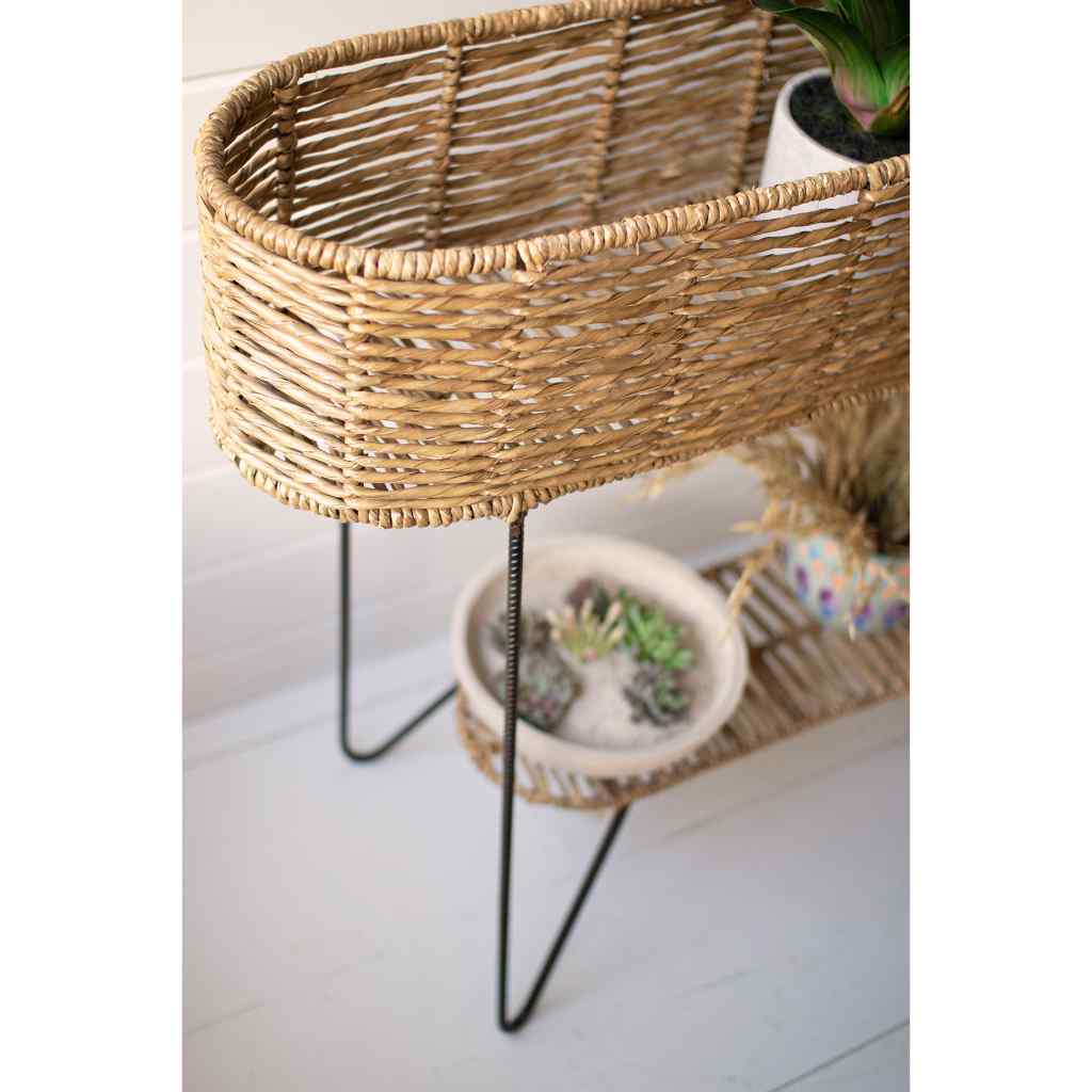 Large Oval Seagrass And Iron Planter Tan