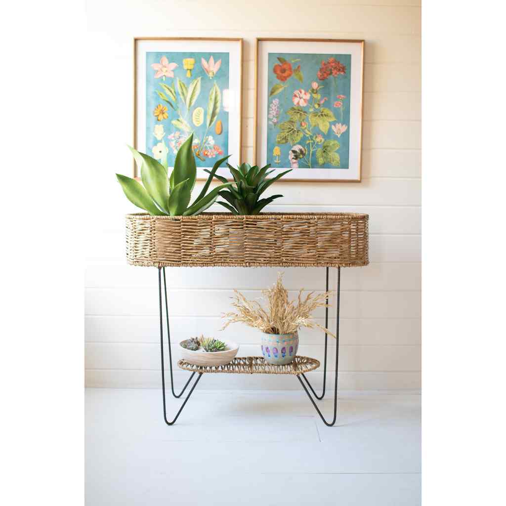 Large Oval Seagrass And Iron Planter Tan