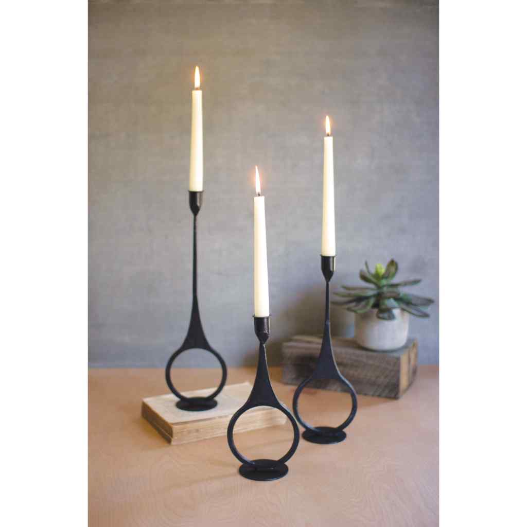 Set Of Three Cast Iron Taper Candle Holders W Ring Detail Black