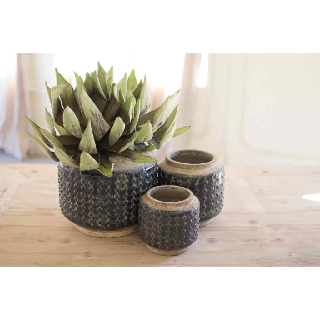 Set Of Three Dark Blue Knobby Ceramic Pots Blue