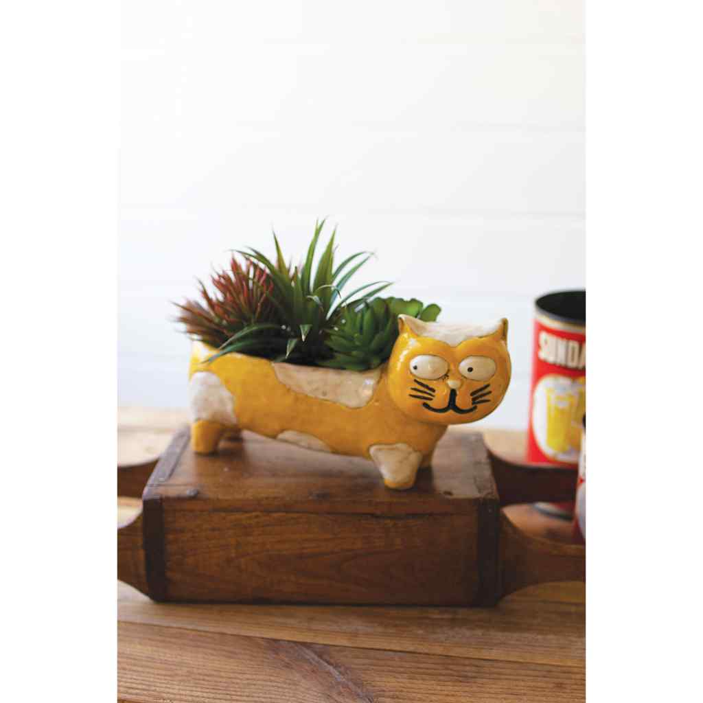 Ceramic Yellow And White Cat Planter YELLOW