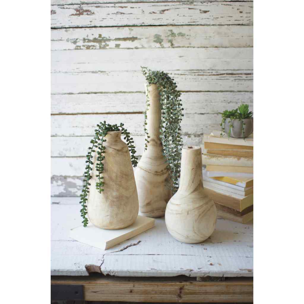 Set Of Three Hand-Carved Tall Wooden Bottles Tan