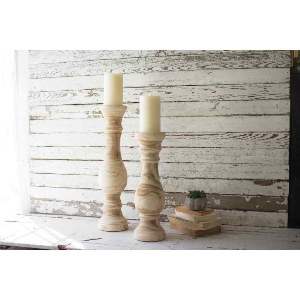 Set Of Two Hand Carved Wooden Candle Stands Tan