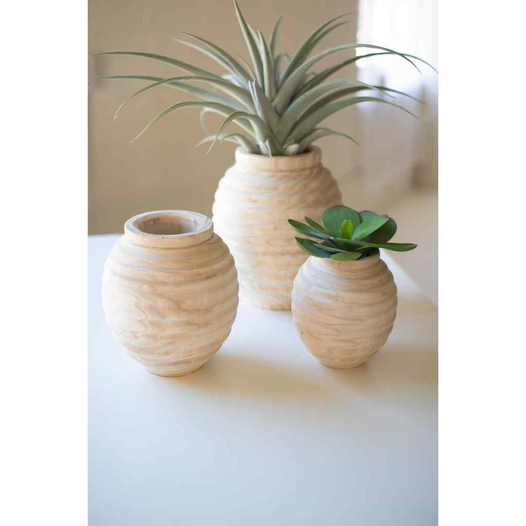 Set Of Three Natural Wooden Gourd Pots Tan