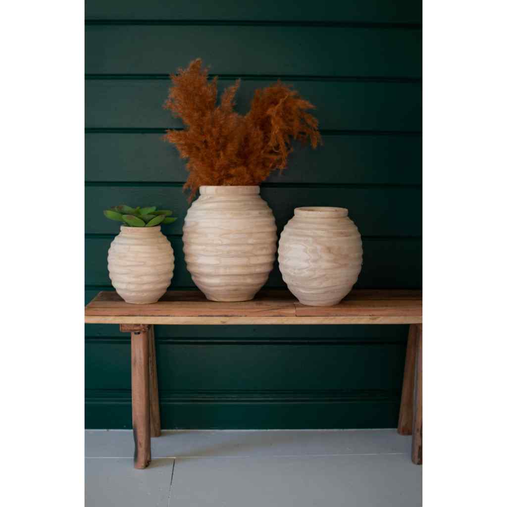 Set Of Three Natural Wooden Gourd Pots Tan