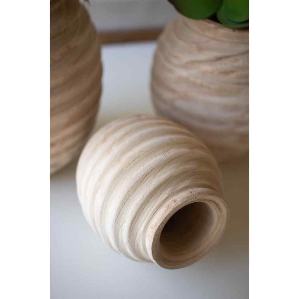 Set Of Three Natural Wooden Gourd Pots Tan