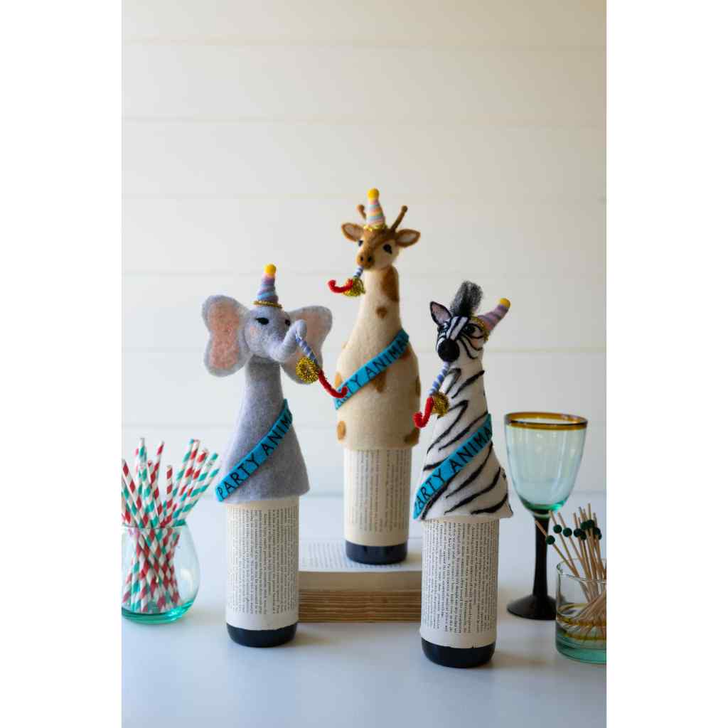 Set Of Three Felt Party Animal Bottle Toppers - One Each Design Multi