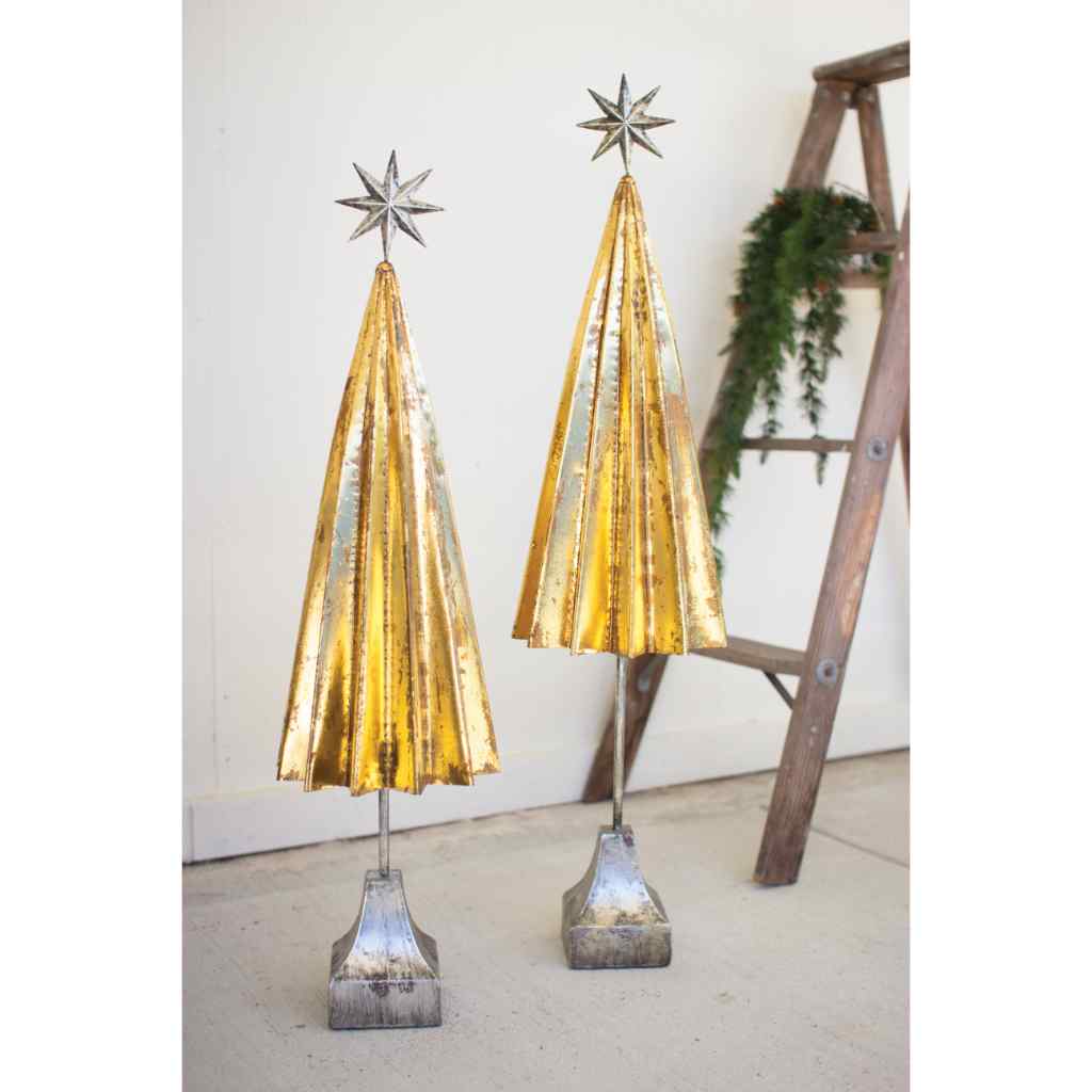 Set Of Two Folded Gold Metal Trees With Silver Star Gold