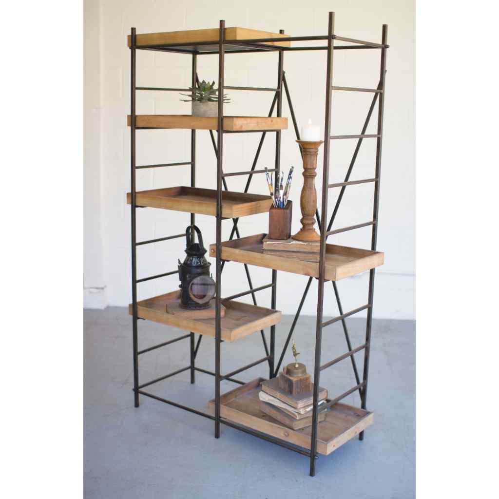 Iron Shelving Unit W Six Adjustable Wooden Shelves Brown
