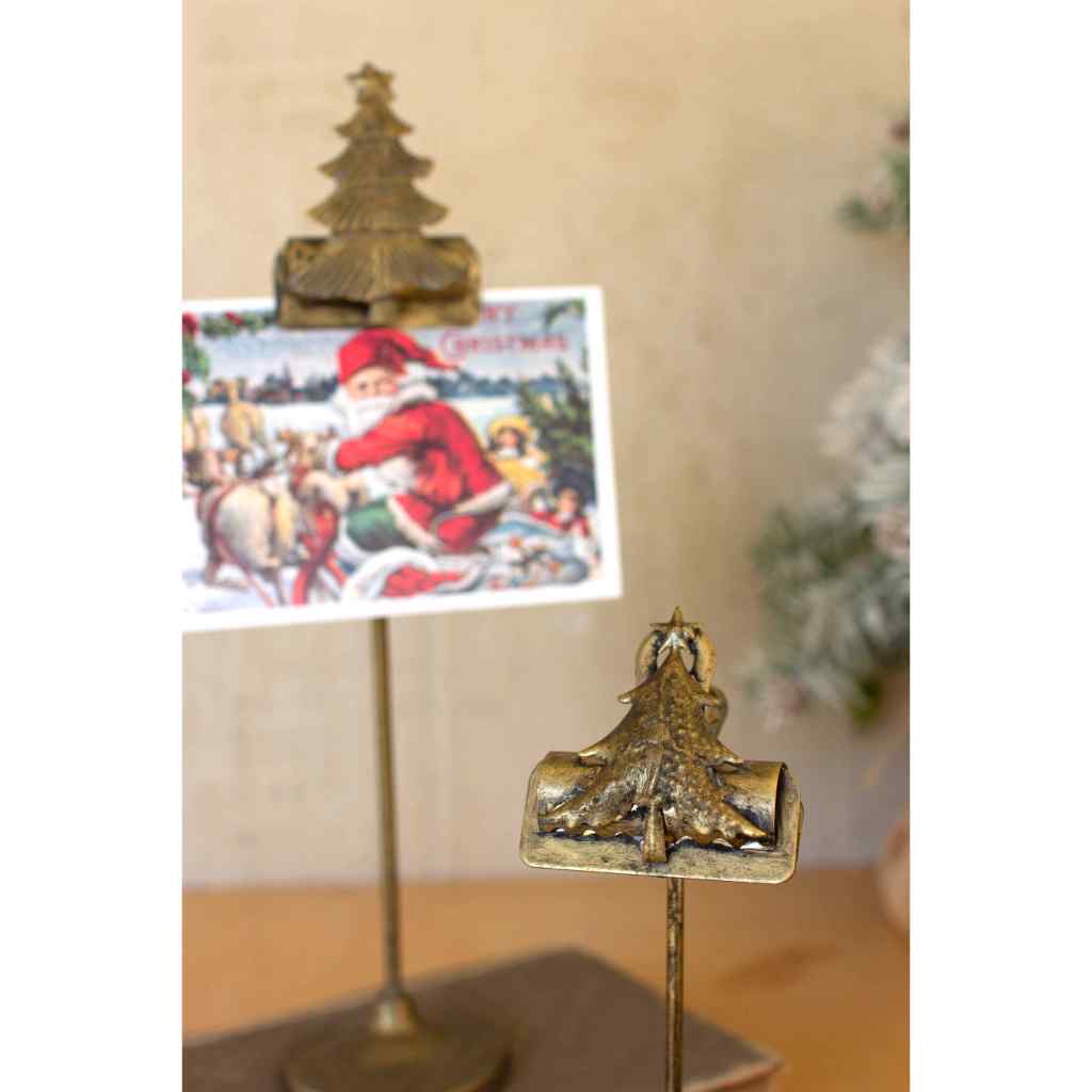 Set Of Two Christmas Tree Card Clips On Stands GOLD