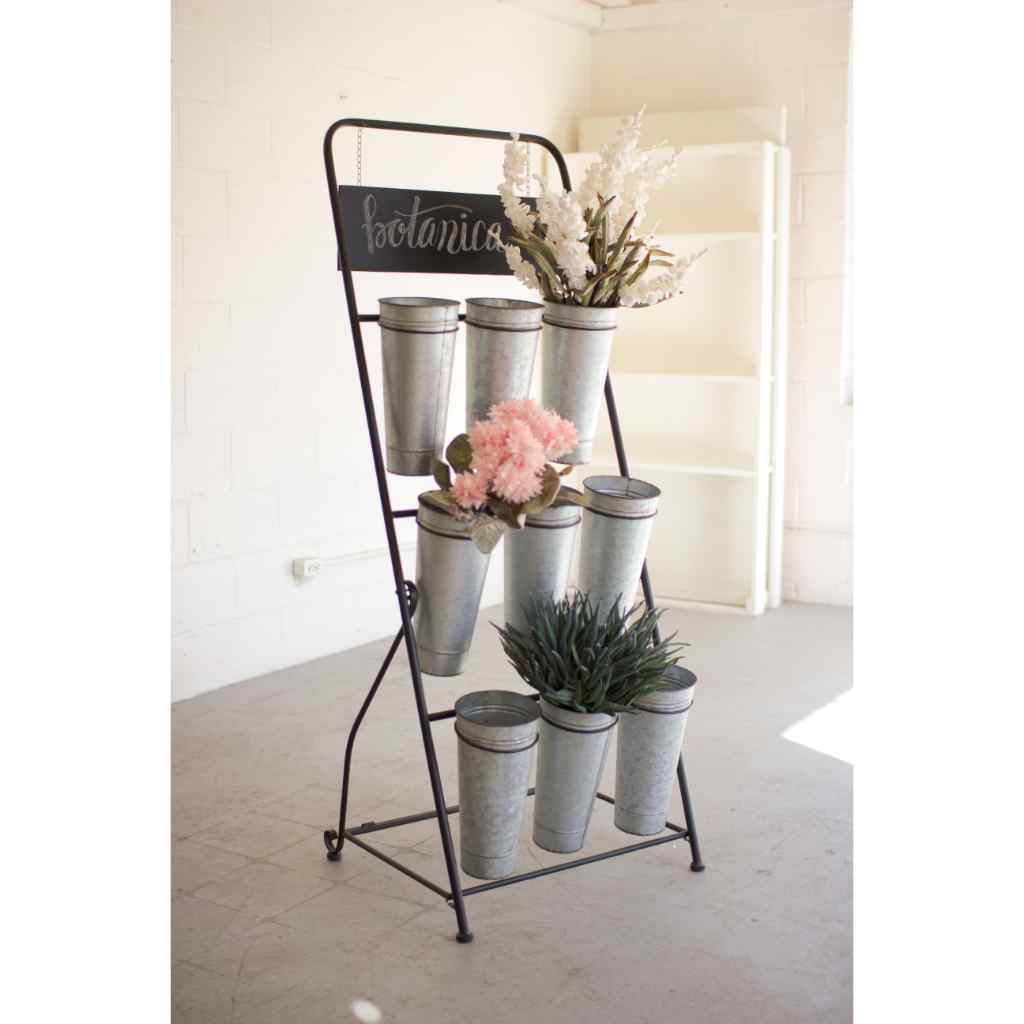 Flower Rack With Nine Galvanized Buckets Gray