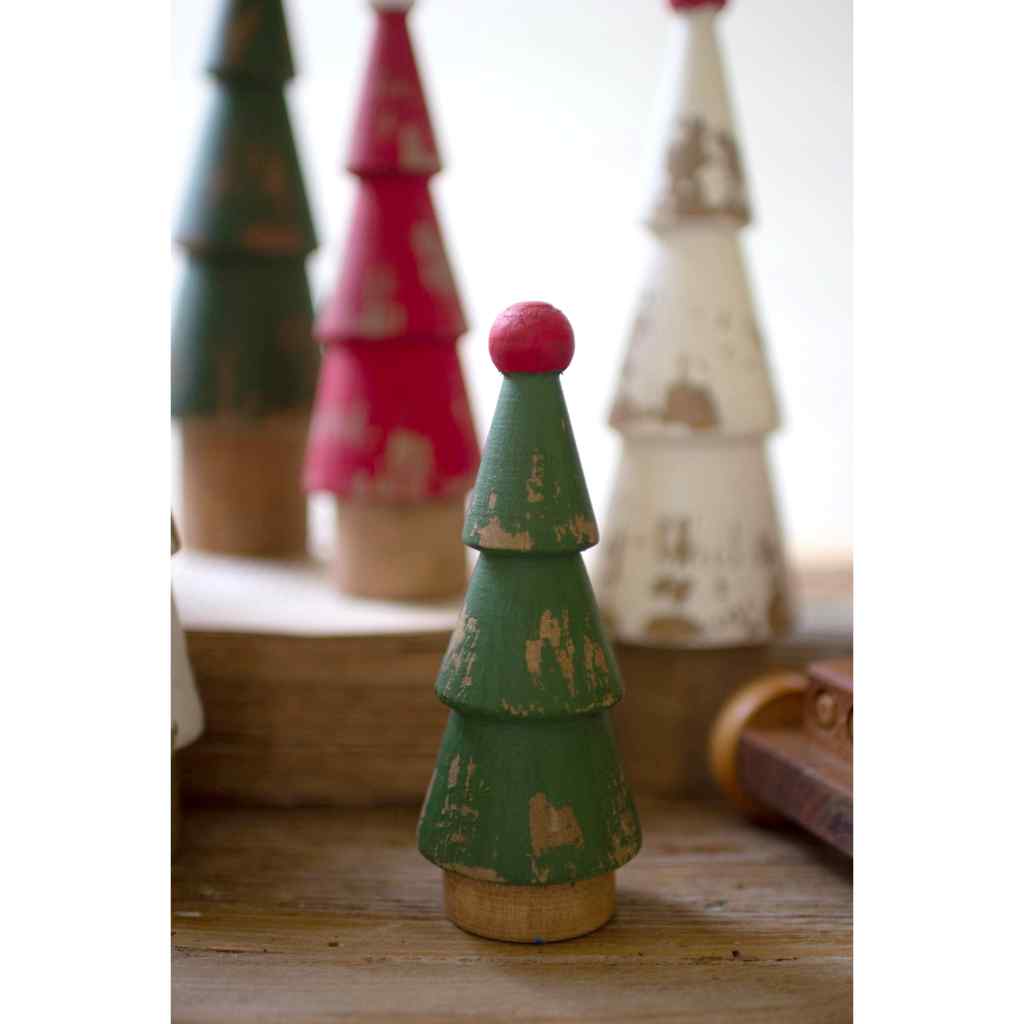 Set Of Nine Turned Wood Painted Christmas Trees Multi