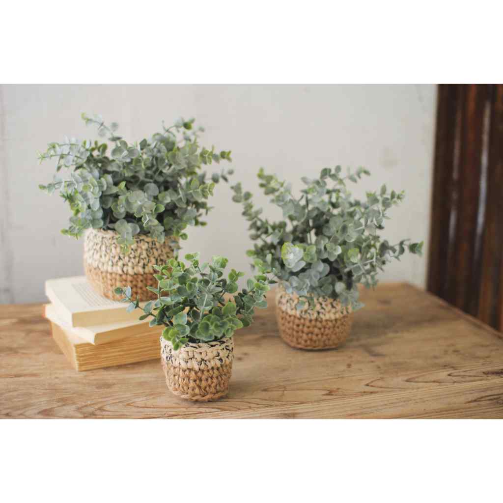 Set Of Three Artificial Eucalyptus Plants In Woven Pots Green