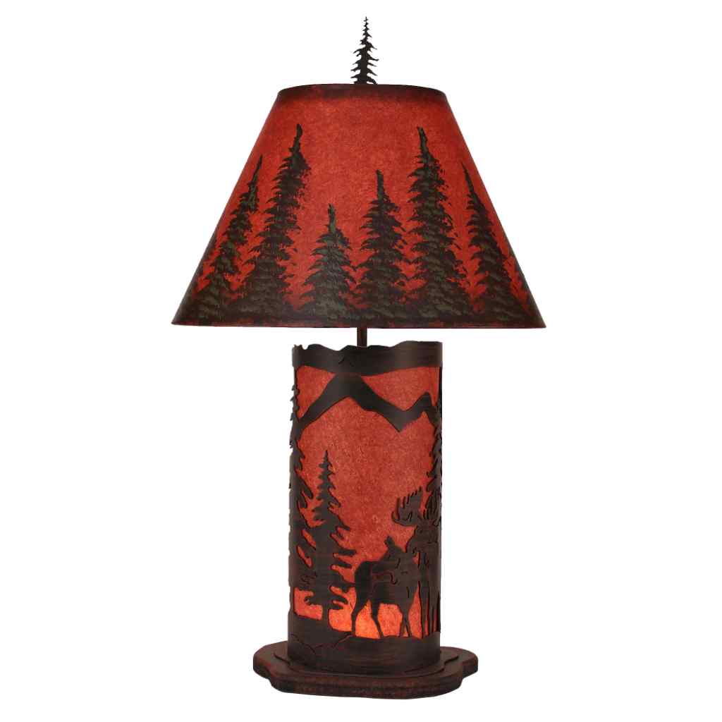 Burnt Sienna Small Moose Scene Table Lamp with  Night Light Burnt Sienna/ Rustic Red