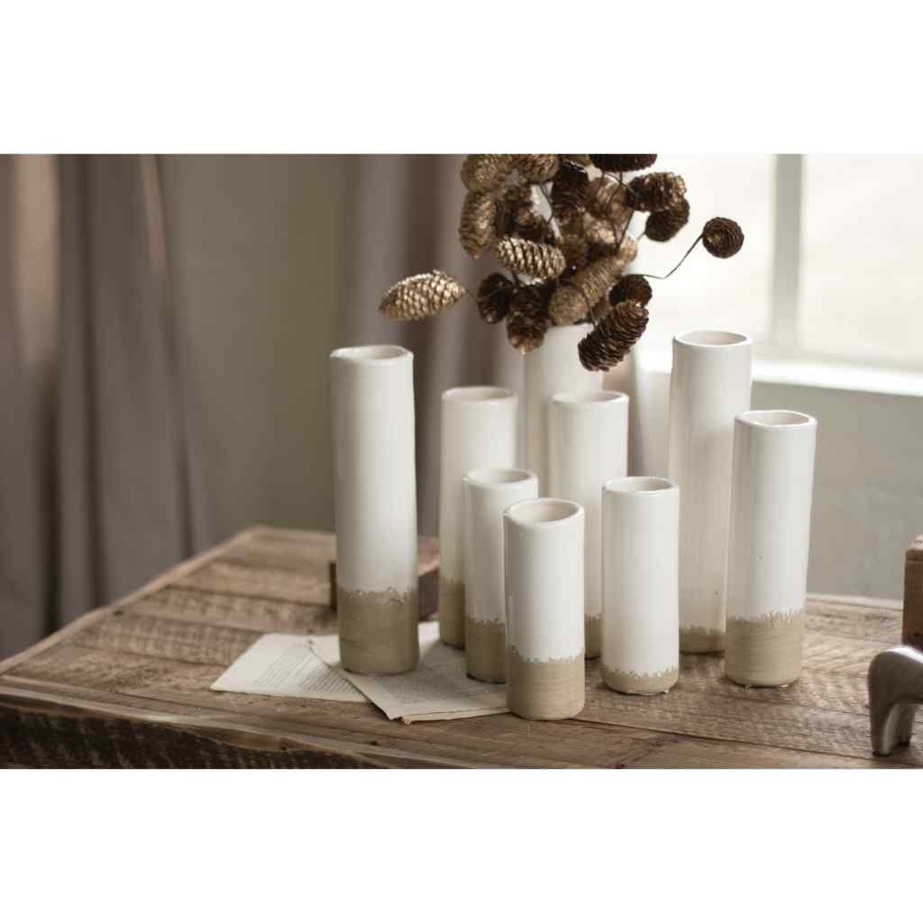 Set Of Nine White Ceramic Cylinder Bud Vases White
