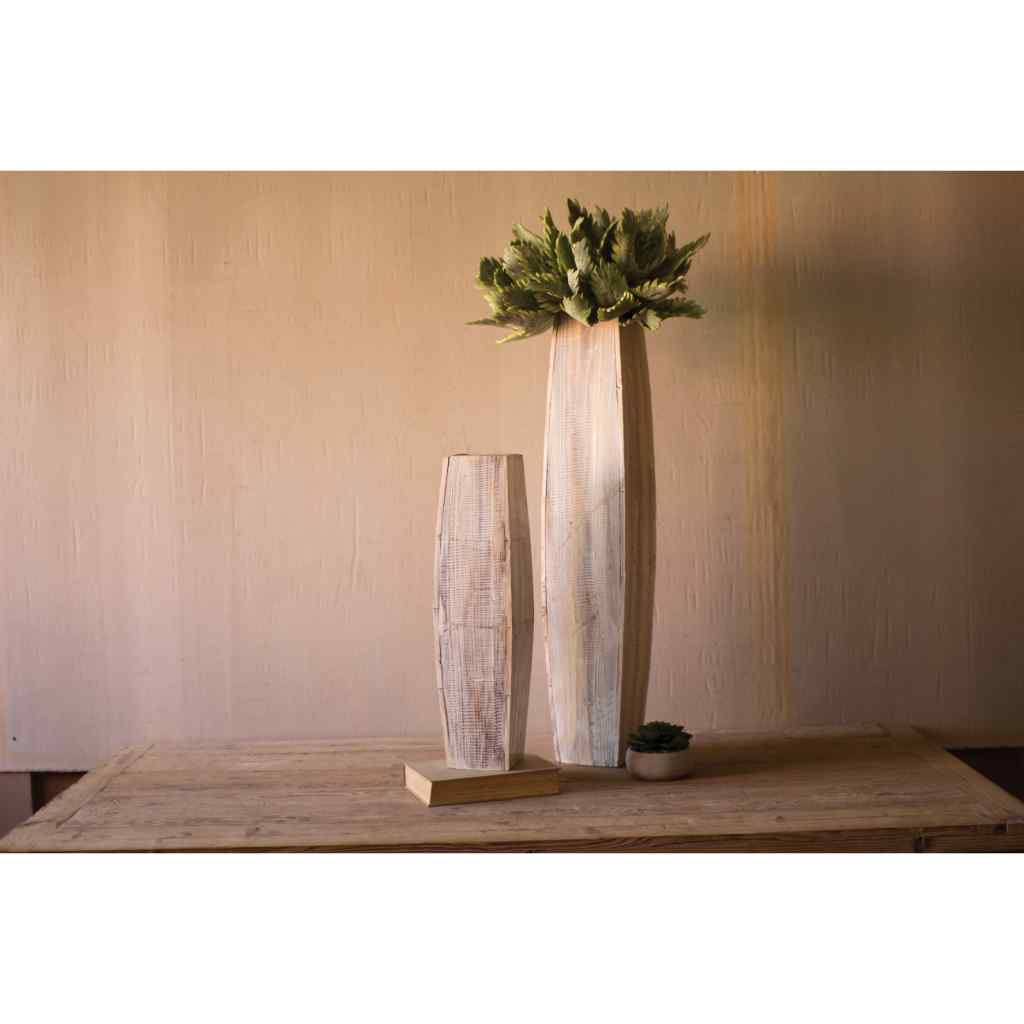 Set Of Two White-Washed Tall Oblong Wooden Vases White
