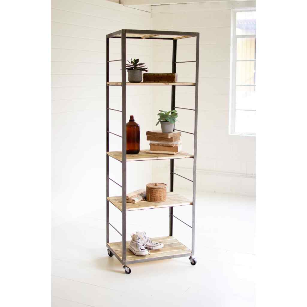 Tall Shelving Unit With Adjustable Recycled Wood Shelves Gray