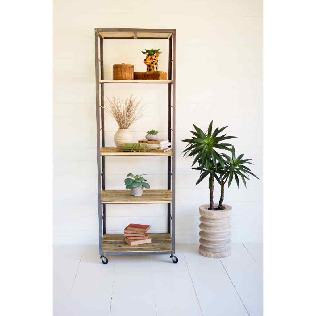 Tall Shelving Unit With Adjustable Recycled Wood Shelves Gray
