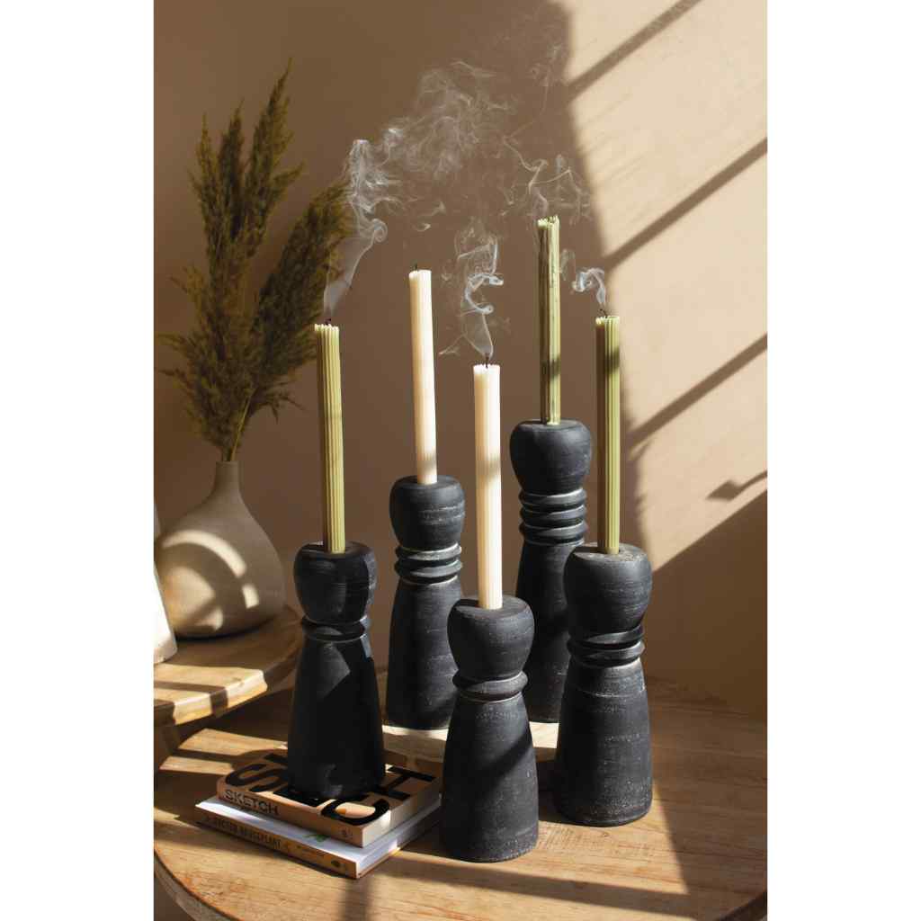 Set Of Five Black Clay Taper Holders Black