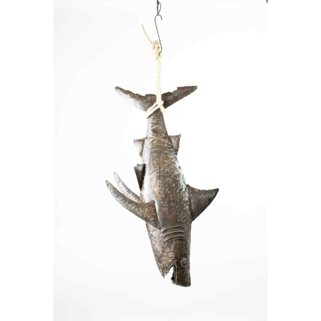 Recycled Hand Hammered 3D Shark With Sisal Rope Brown