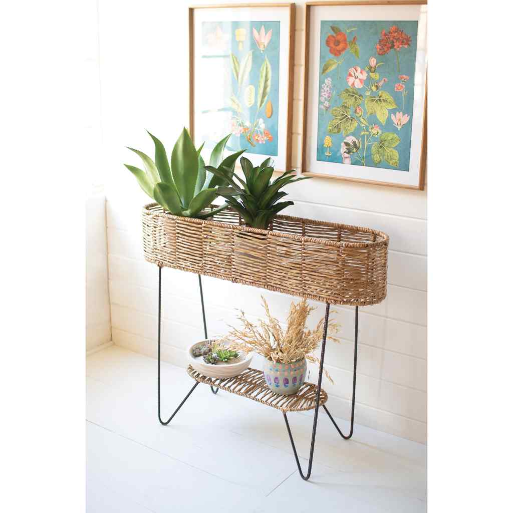 Large Oval Seagrass And Iron Planter Tan