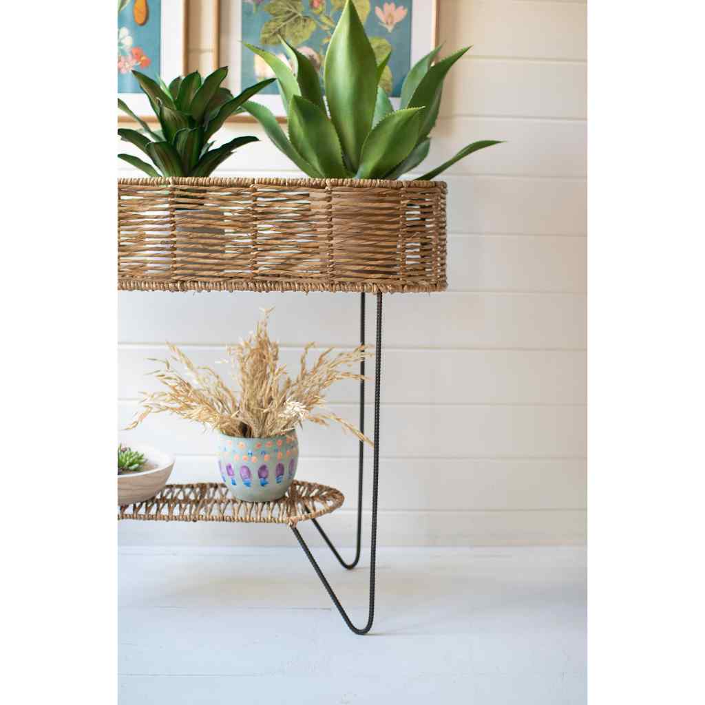 Large Oval Seagrass And Iron Planter Tan