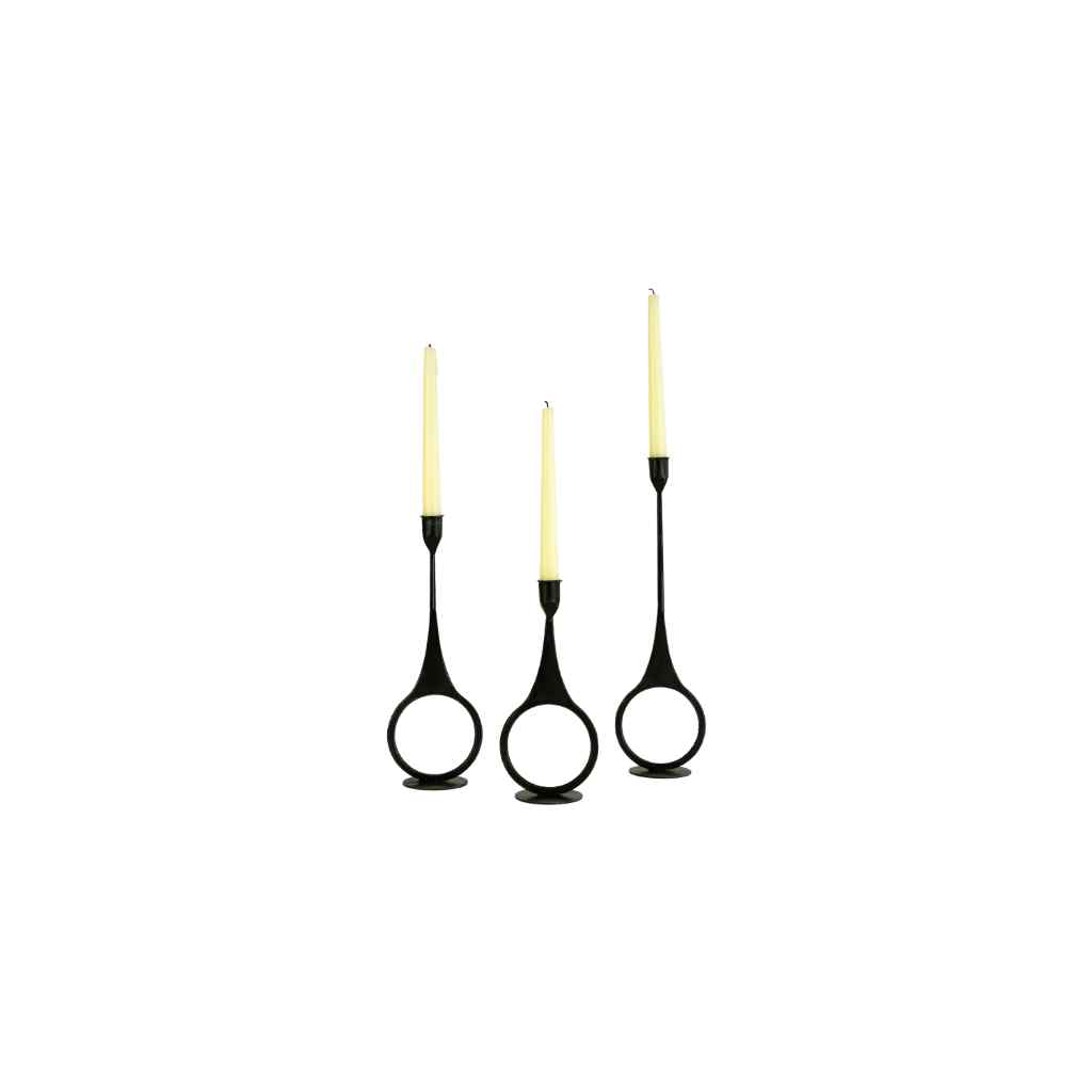 Set Of Three Cast Iron Taper Candle Holders W Ring Detail Black