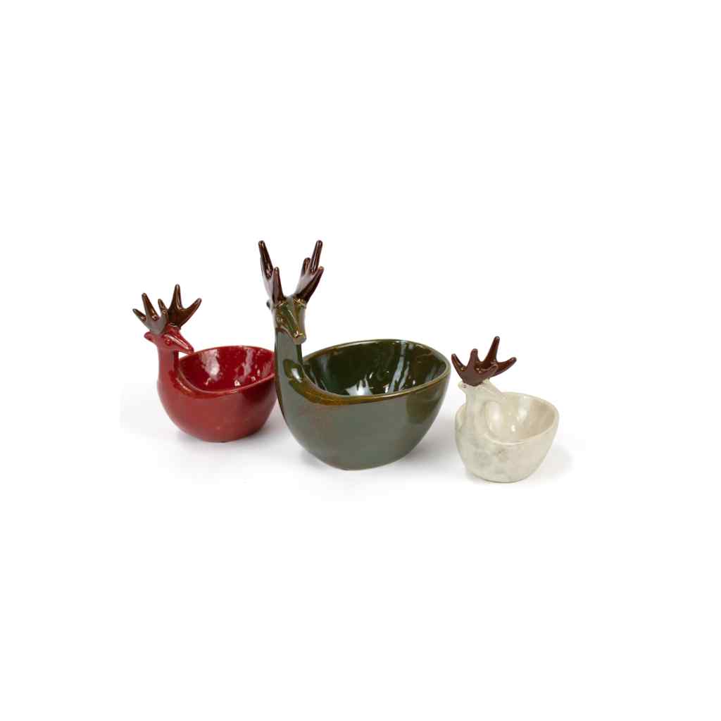 Set Of Three Ceramic Deer Bowls-One Each Color Multi
