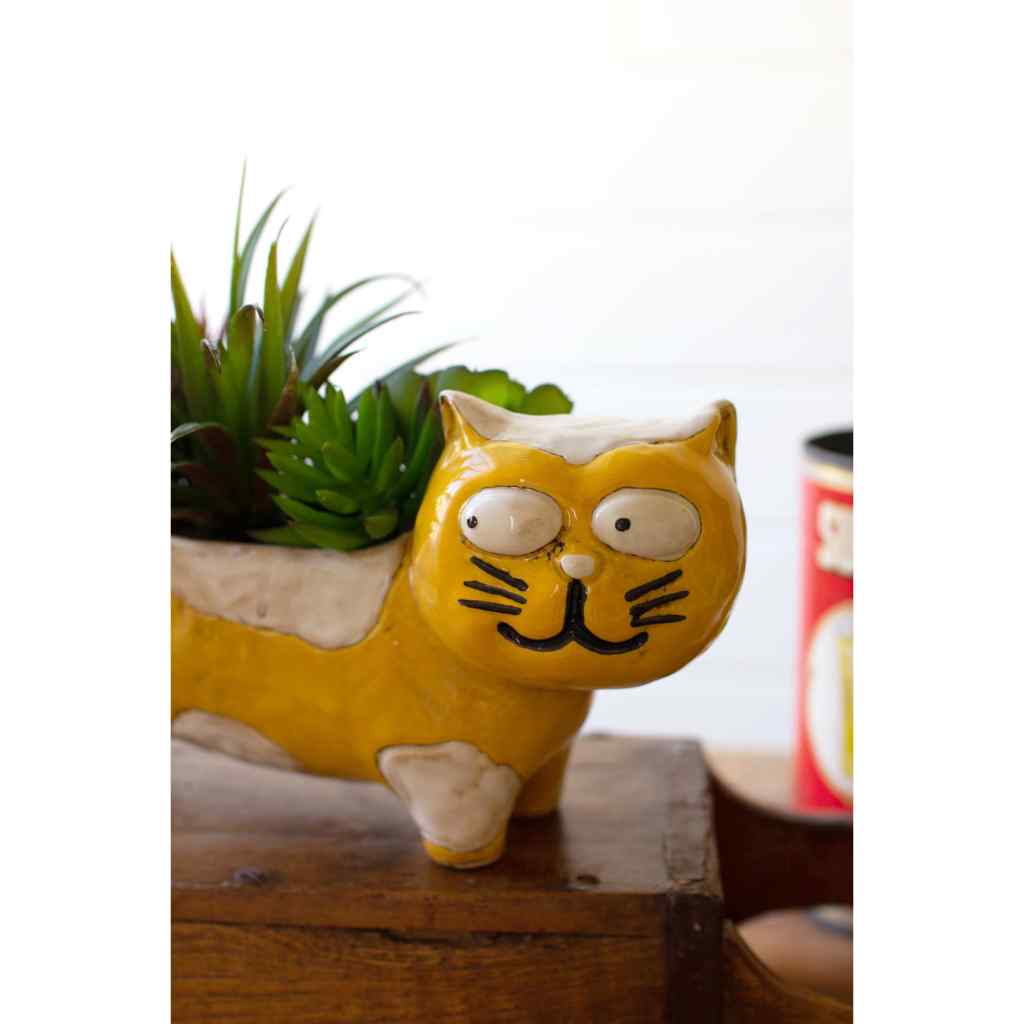 Ceramic Yellow And White Cat Planter YELLOW