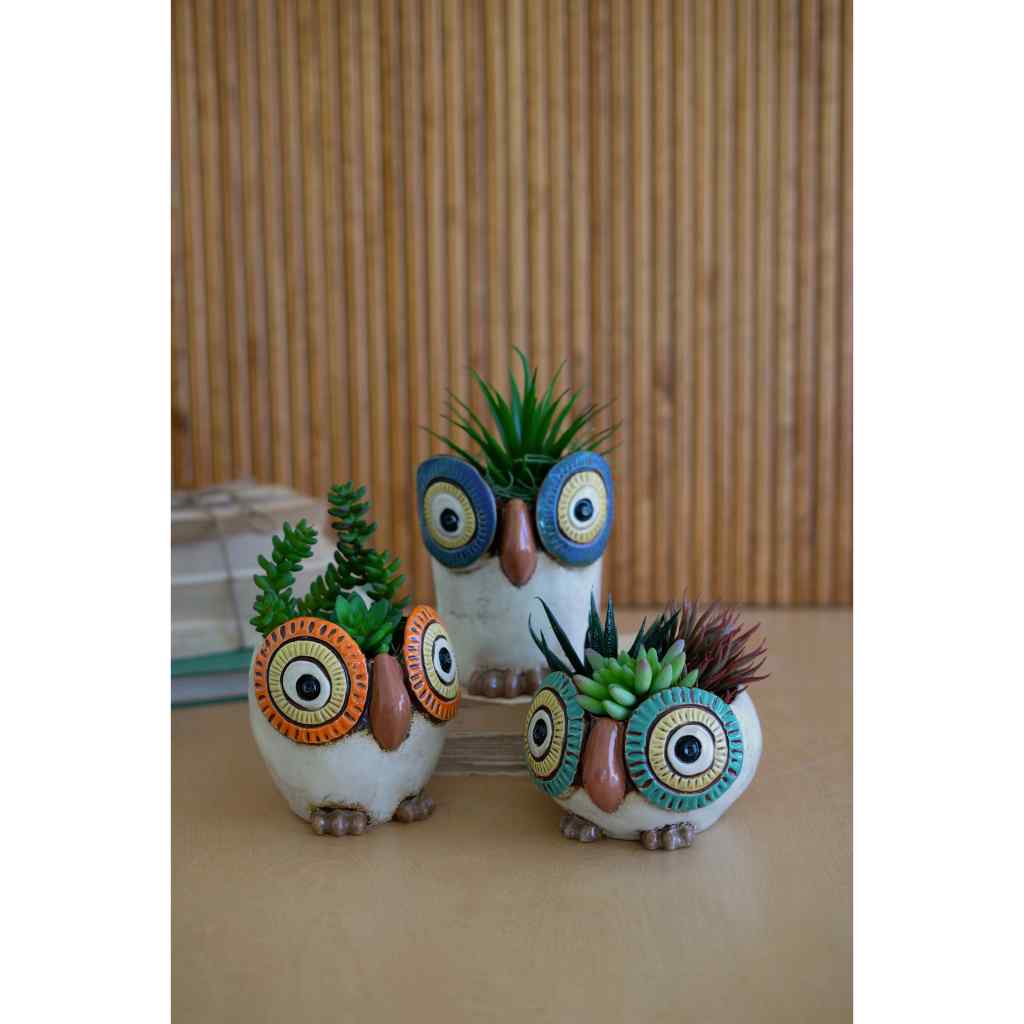 Set Of Three Ceramic Owl Planters Multi