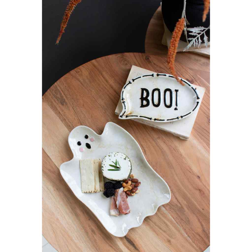 Set Of Two "Boo" Ghost Ceramic Serving Platters Multi