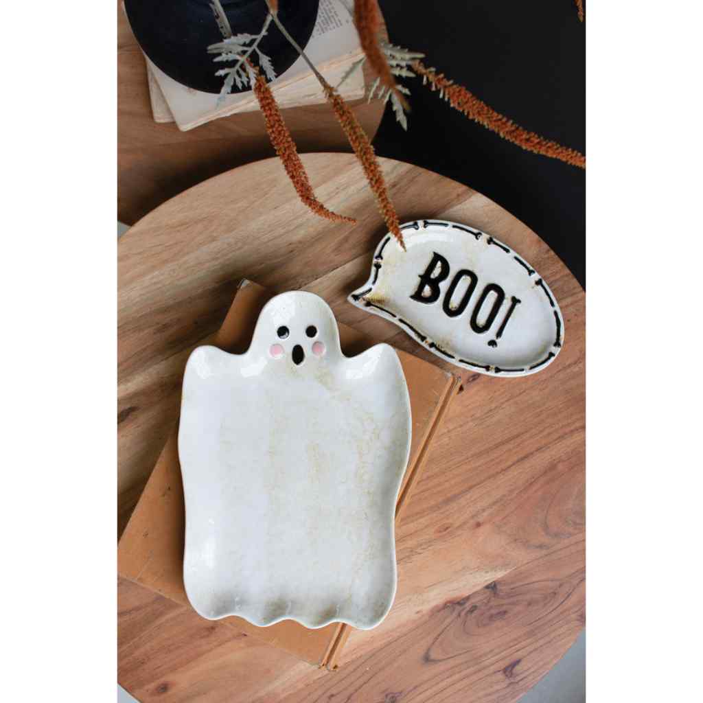 Set Of Two "Boo" Ghost Ceramic Serving Platters Multi