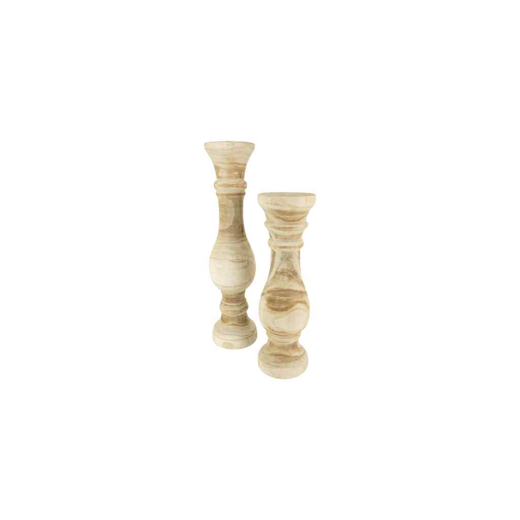 Set Of Two Hand Carved Wooden Candle Stands Tan