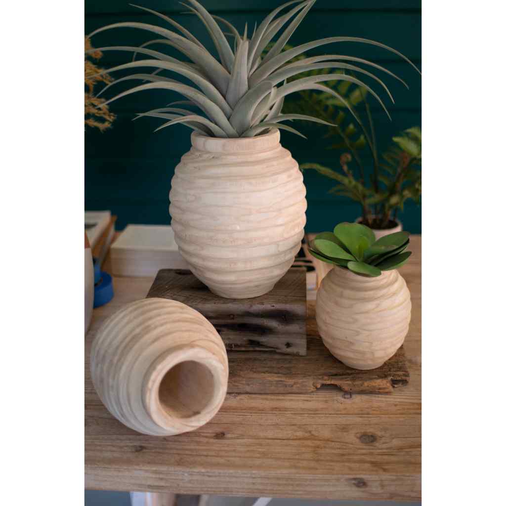 Set Of Three Natural Wooden Gourd Pots Tan