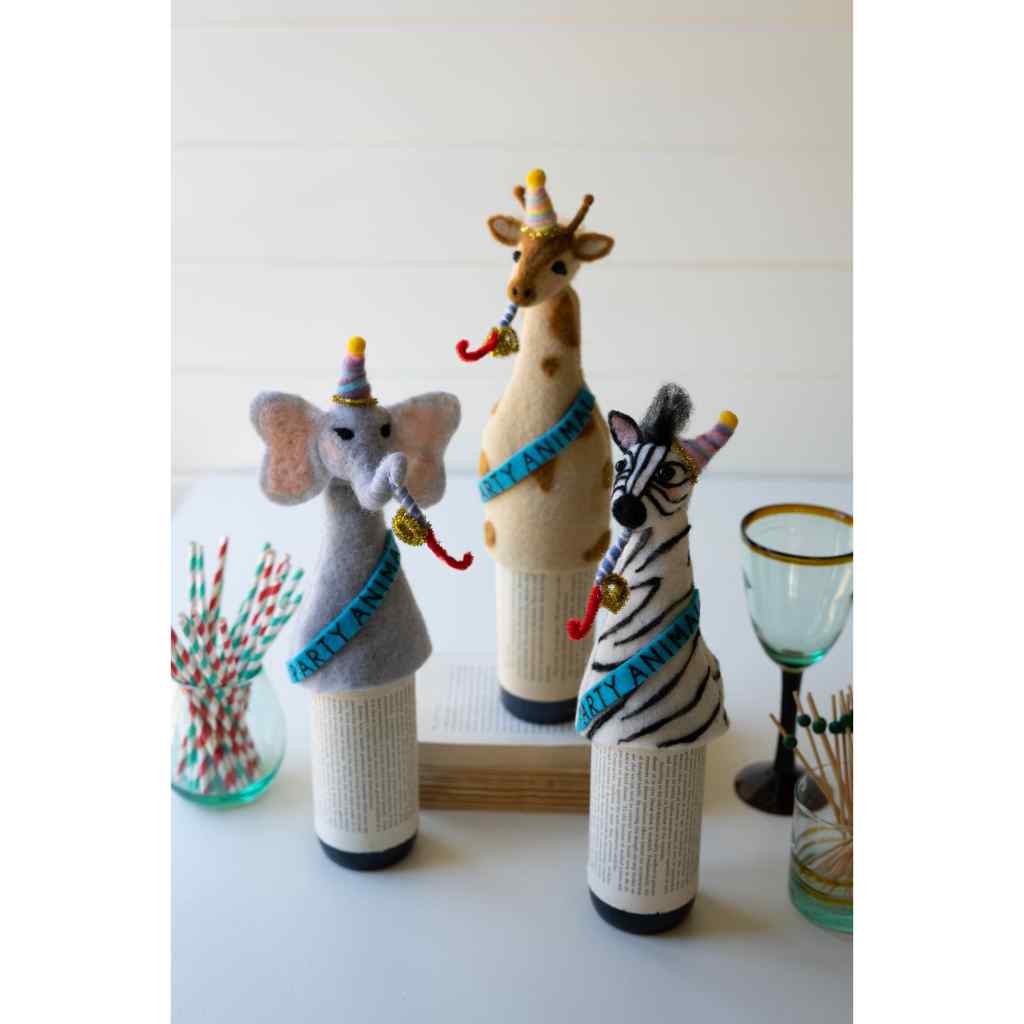 Set Of Three Felt Party Animal Bottle Toppers - One Each Design Multi