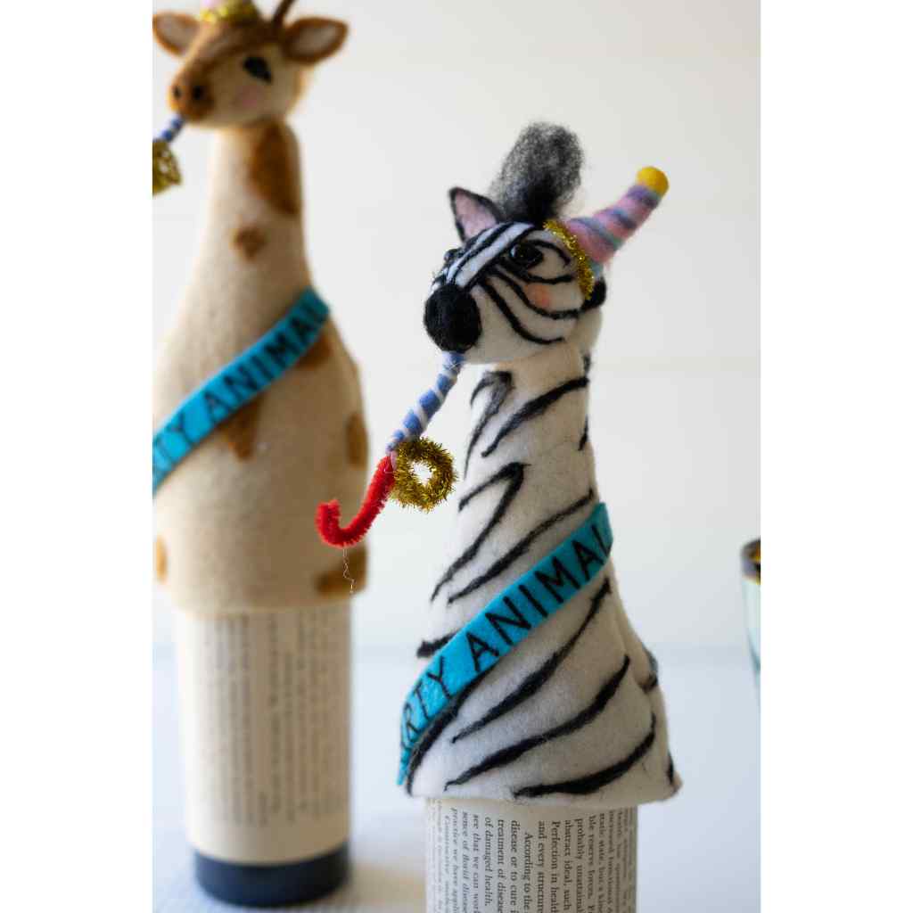 Set Of Three Felt Party Animal Bottle Toppers - One Each Design Multi