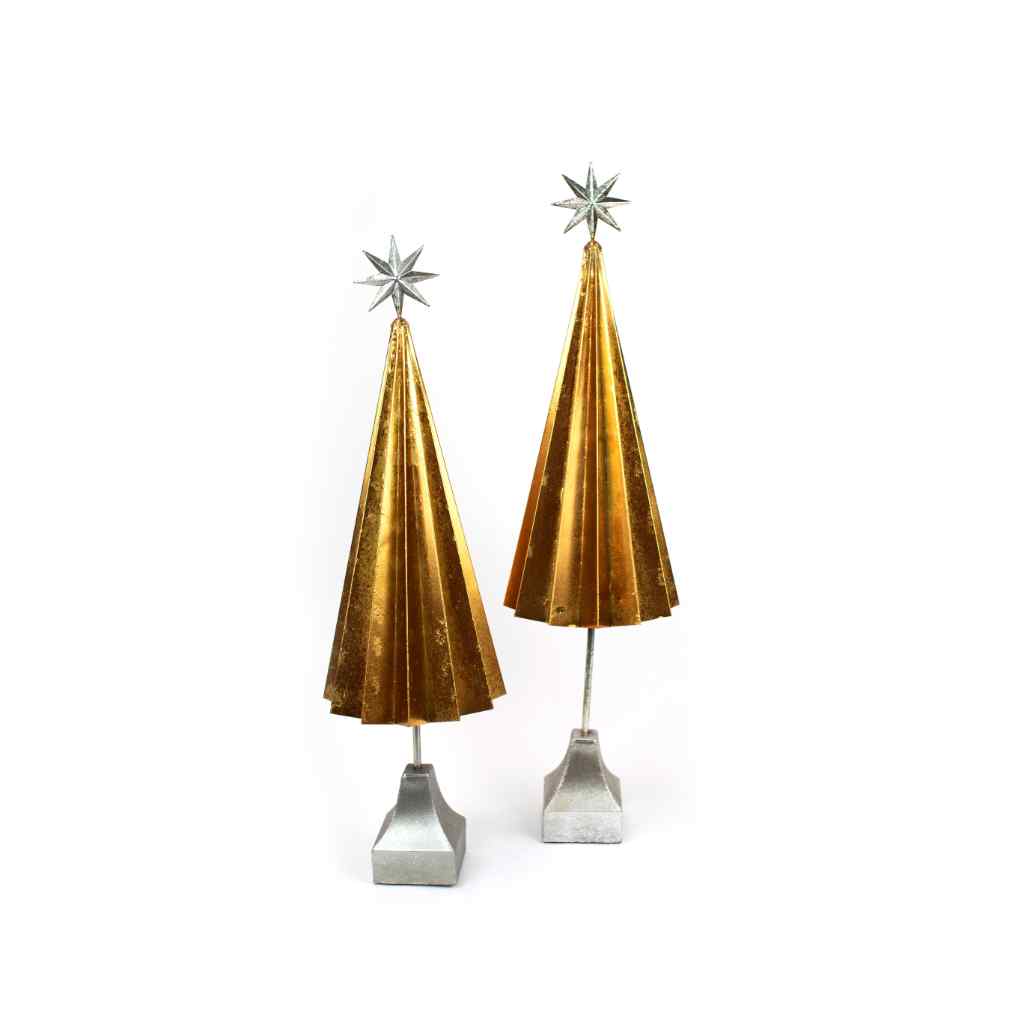 Set Of Two Folded Gold Metal Trees With Silver Star Gold