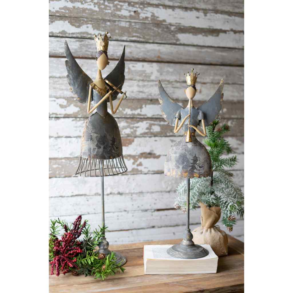 Set Of Two Metal Angels Playing Musical Instruments Gray