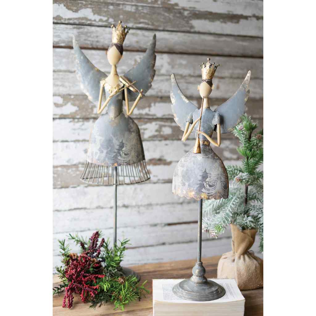 Set Of Two Metal Angels Playing Musical Instruments Gray