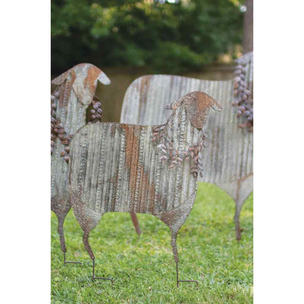 Set Of Three Corrugated Metal Christmas Sheep Yard Art Gray