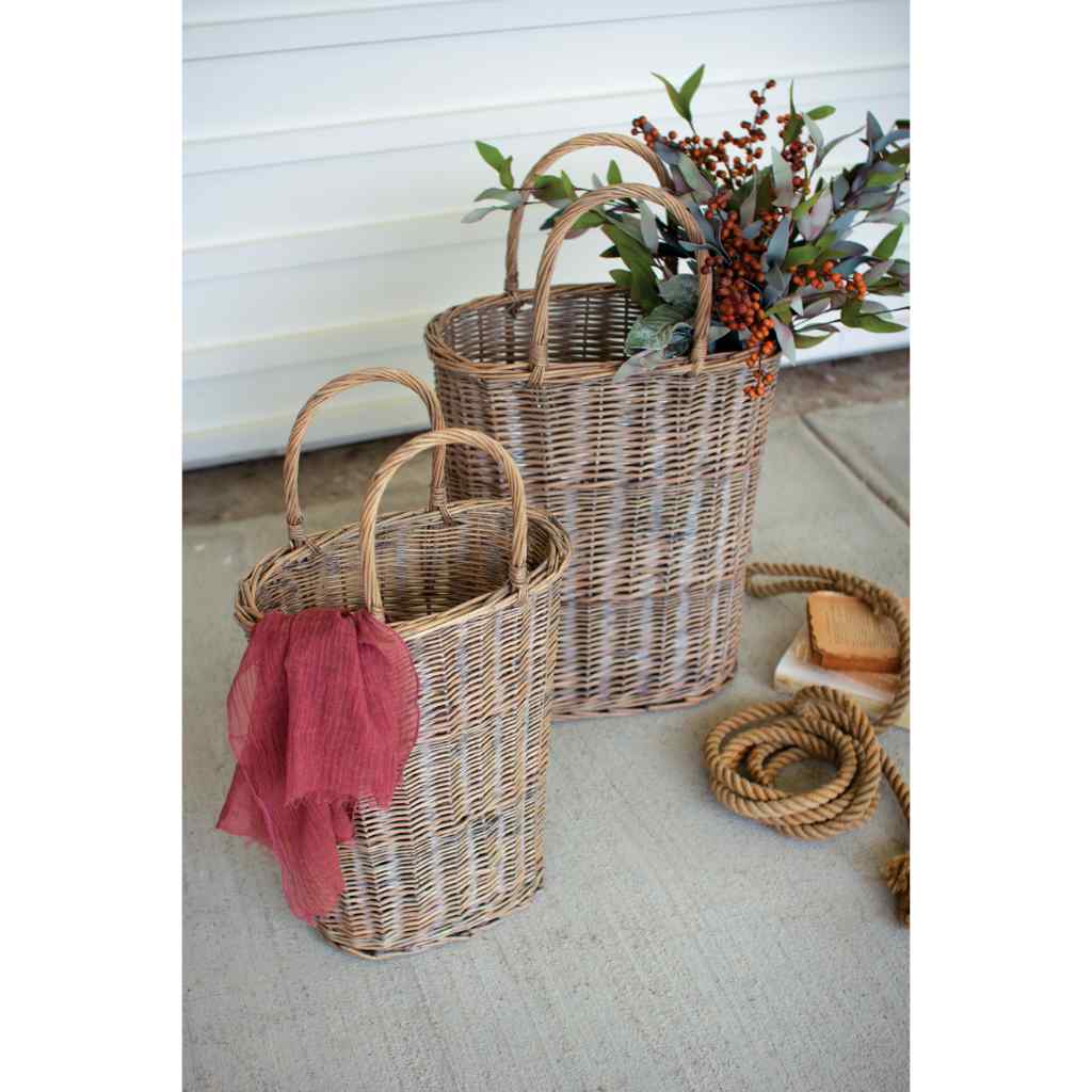 Set Of Two Tall Oval Wicker Baskets Brown