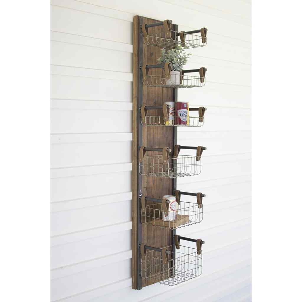 Recycled Wood & Metal Wall Rack W Six Wire Storage Baskets Brown
