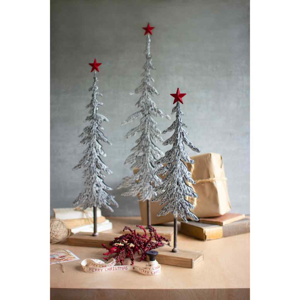 Set Of Three Metal Christmas Trees On Wooden Bases Gray