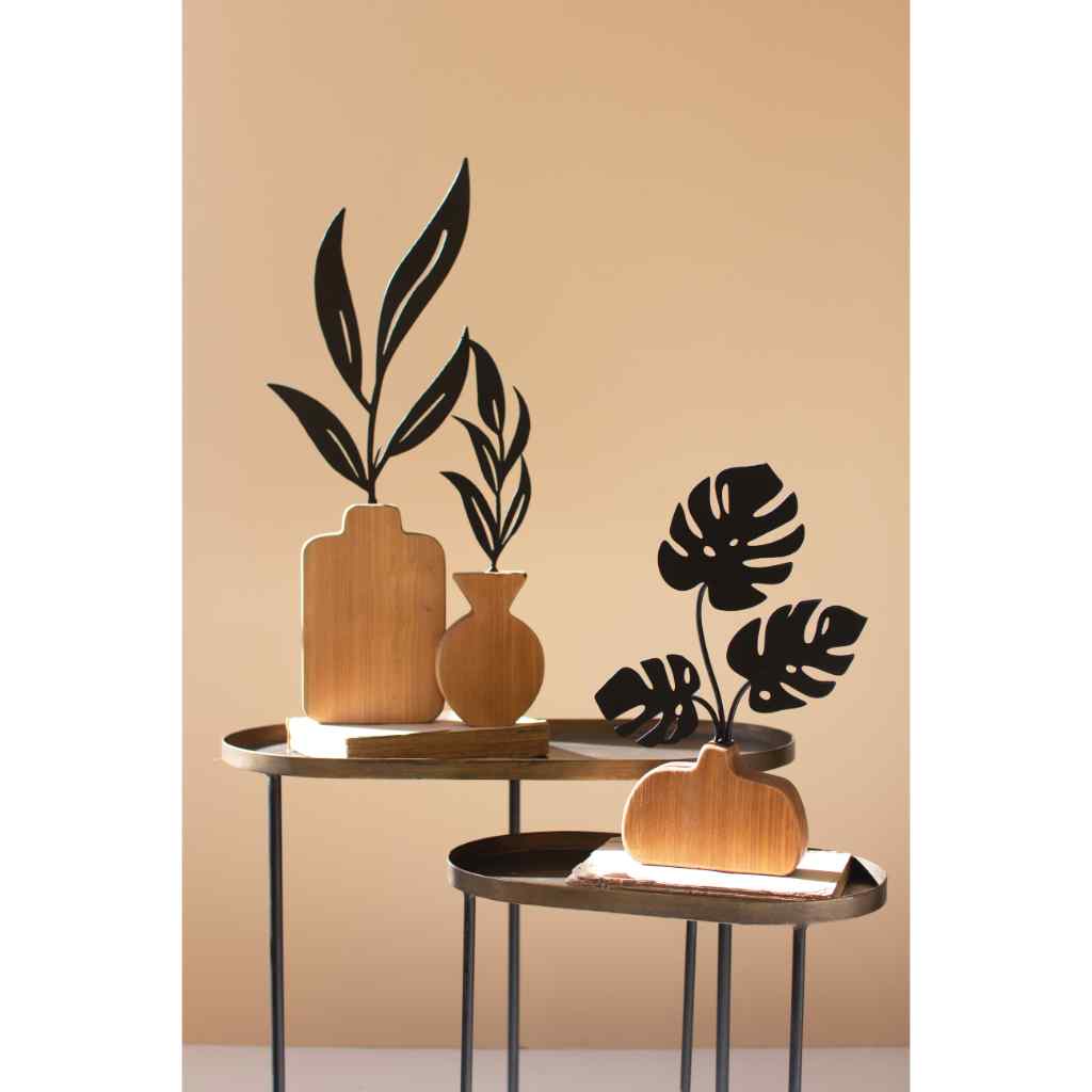 Set Of Two Wood And Metal Plant Sculptures Brown