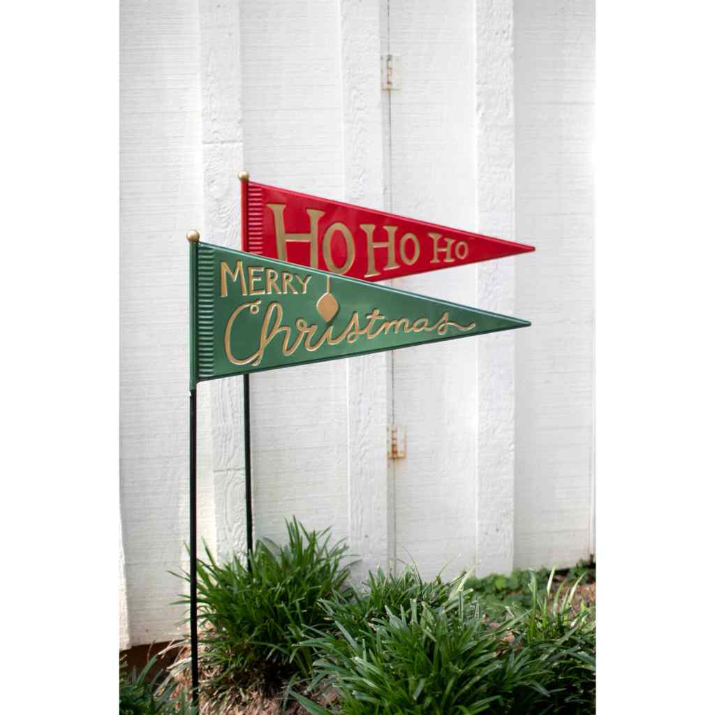 Set 2 Painted Metal Christmas Pennants Yrd Stakes- One Each Multi