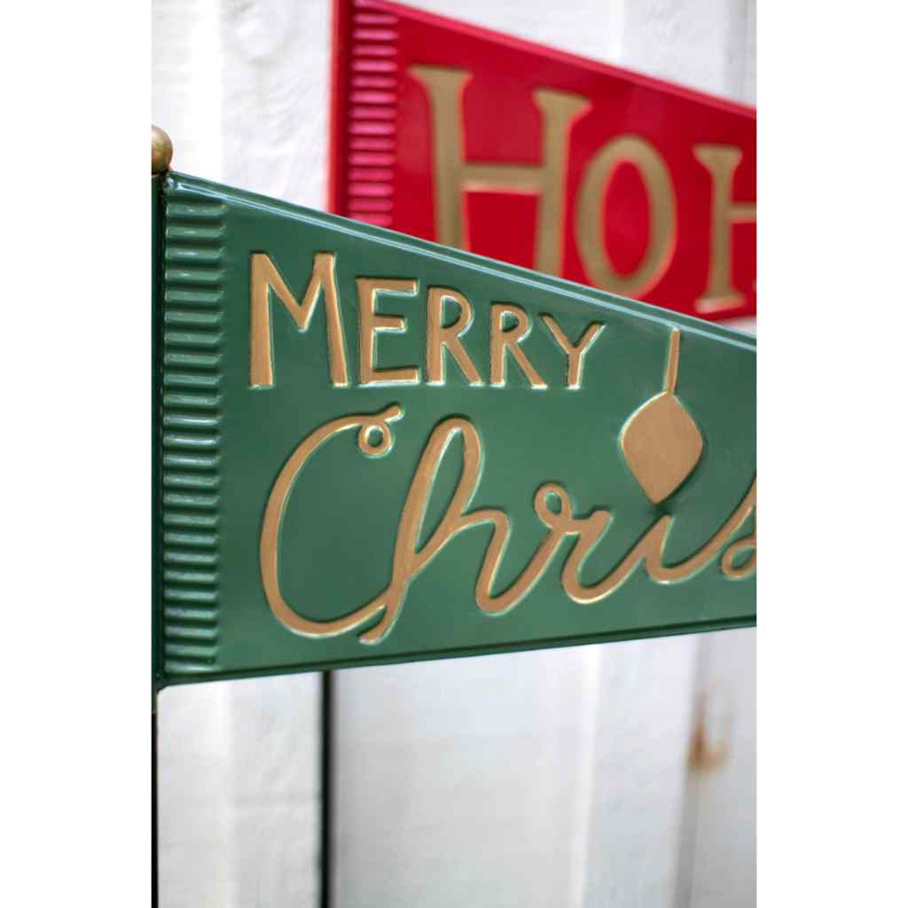 Set 2 Painted Metal Christmas Pennants Yrd Stakes- One Each Multi